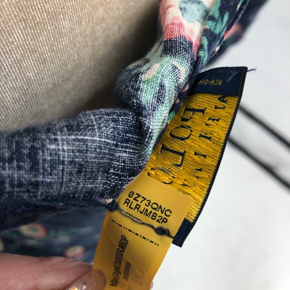 POLO RALPH LAUREN Blouse Sz 18 Linen Puff Sleeve Floral Print Navy Blue - Picture 12 of 12